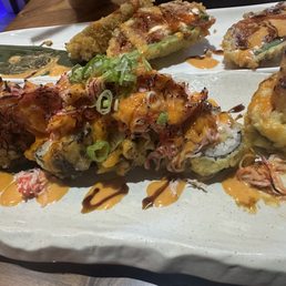 Crab Tower Roll , full of imitation crab. Crab Tower Roll , full of imitation crab.