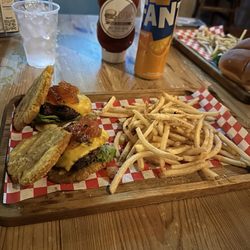 Lula's - Beef sliders with plantain, fries on the side.