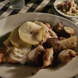 Ol' Heidelberg - Chicken Berlin. It is a large breast which as been breaded, pan fried, topped with Jarlsberg cheese, sautéed onions and apple slices.