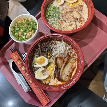 Saku Ramen - Tonkotsu with pork and one with chicken. Small order of Niku fried rice. - Ramen Near Me - Riverside, California