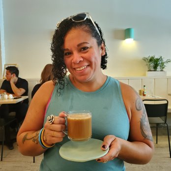 Egg Shop - Amber Y enjoying coffee - her tank matched their interior design. - Breakfast & Brunch Near Me - Brooklyn, New York Egg Shop - Amber Y enjoying coffee - her tank matched their interior design. - Breakfast & Brunch Near Me - Brooklyn, New York