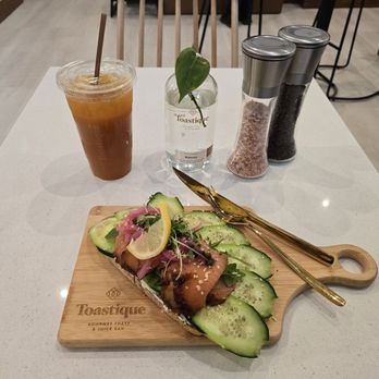 Toastique - Salmon Gourmet Toast with seasonal juice. Super delicious!! - Juice Bars & Smoothies Near Me - Detroit, Michigan Toastique - Salmon Gourmet Toast with seasonal juice. Super delicious!! - Juice Bars & Smoothies Near Me - Detroit, Michigan