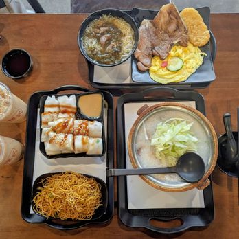 Chan Kee - Chow mein, scrambled eggs, pork vermicelli, Rice roll w Chinese donut, Thousand Year Egg and Pork Porridge, Hong Kong Style Milk Tea - Breakfast & Brunch Near Me - Diamond Bar, California