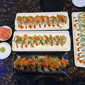 I Love Sushi - Top down: Psycho roll, James Dean roll, Clovis Mafia roll, and Fish Gone Wild roll(right) - Sushi Bars Near Me - Clovis, California