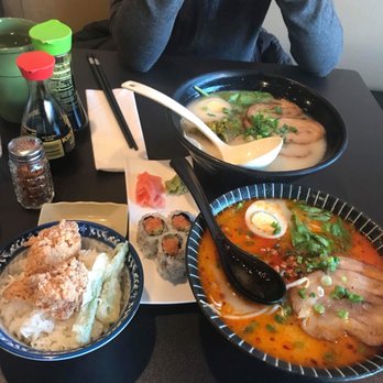 Hakata Ramen - Spicy Hakata Ramen (bottom) Regular Hakata Ramen (top) fried chicken on rice (left) spicy tuna (middle) - Ramen Near Me - Quincy, Massachusetts Hakata Ramen - Spicy Hakata Ramen (bottom) Regular Hakata Ramen (top) fried chicken on rice (left) spicy tuna (middle) - Ramen Near Me - Quincy, Massachusetts
