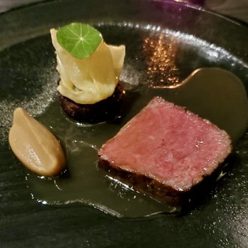 Athanor - 'Lot 29 Strip Loin' - with fried celery root topped with black garlic, celery root ribbons and Dijon dust; and caramelized celery root puree - Diners Near Me - San Francisco, California