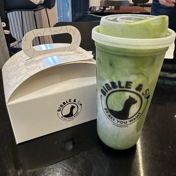 Bibble & Sip - Matcha latte sans the jasmine tea with almond milk & two puff safely tucked away in the box. - Coffee & Tea Near Me - New York, New York