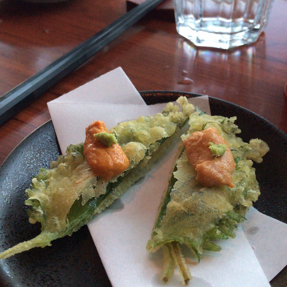 Kamonegi - Uni on tempura shiso leaves - Japanese Near Me - Seattle, Washington Kamonegi - Uni on tempura shiso leaves - Japanese Near Me - Seattle, Washington