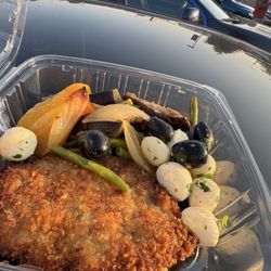 Chicken cutlet, olives, mozz, eggplant, onions My deli grab