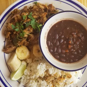 Chug's Diner - Shredded Pork with Black Beans& White Rice and (Banana slices) - Cuban Near Me - Miami, Florida Chug's Diner - Shredded Pork with Black Beans& White Rice and (Banana slices) - Cuban Near Me - Miami, Florida