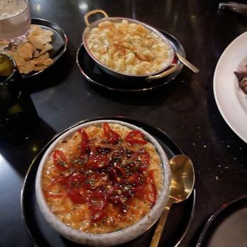 SHIV Steakhouse - Corn brûlée Dill pickle chips and dip, Truffle Mac - Cocktail Bars Near Me - Scottsdale, Arizona