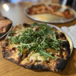 Old Soul Pizza - Coyote Jack Special : caramelized onions, pears, Brie cheese, hazelnuts and arugula w/ an olive oil base. This was delicious!!!!