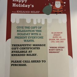 Kneaded Relief Therapeutic Massage - Call (781) 228-1307 to purchase your Gift Certificates.