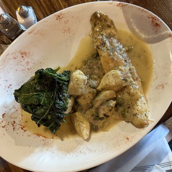 Casa Di Luigi - Branzino with mashed potatoes, and spinach in a lemon caper artichoke reduction- delish! - Italian Near Me - Rolling Meadows, Illinois Casa Di Luigi - Branzino with mashed potatoes, and spinach in a lemon caper artichoke reduction- delish! - Italian Near Me - Rolling Meadows, Illinois