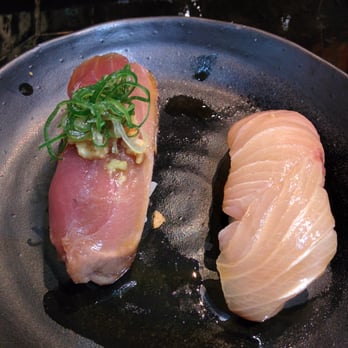 Sushi Sasabune - Right: yellowfish, ok  Left: skipjack, fr Hawaii, very yummy.  Smoked! - Sushi Bars Near Me - Honolulu, Hawaii