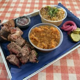 Burnt Ends, Pork Belly, Cheesey Corn and Mashed Sweet Potatoes