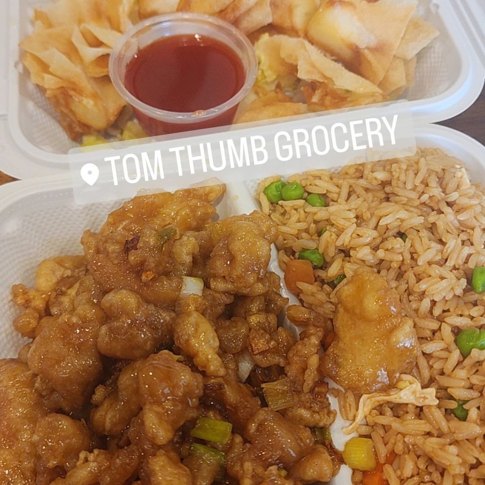 Tom Thumb Grocery - Lunch Special Orange Chicken + Rice and Crab Rangoon (it's sweet, just FYI) - Grocery Near Me - Lake Stevens, Washington