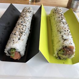 Left is the jalapeño salmon and right is the spicy spicy roll! Left is the jalapeño salmon and right is the spicy spicy roll!