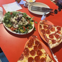 Greek salad, 2 pieces of pepperoni pizza