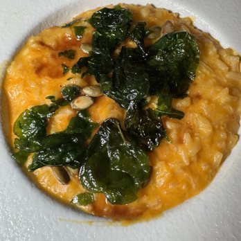 Society Cafe - UP IN THE AIR - pumpkin risotto crispy spinach and brodo - New American Near Me - New York, New York
