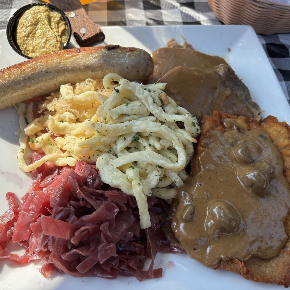 Village Lanterne - "The Schwab": sauerbraten, jägerschnitzel, weisswurst, spaetzle and red cabbage. - German Near Me - Lindenhurst, New York Village Lanterne - "The Schwab": sauerbraten, jägerschnitzel, weisswurst, spaetzle and red cabbage. - German Near Me - Lindenhurst, New York