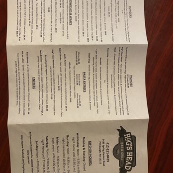 Hog's Head Bar & Grill - Menu - side 1 - American Near Me - Pittsburgh, Pennsylvania