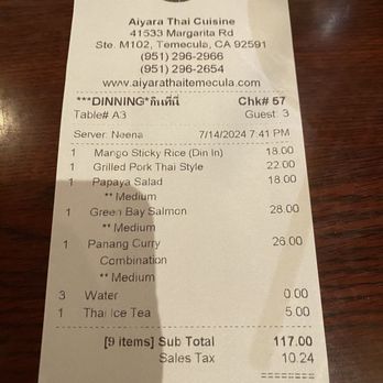 Aiyara Thai Cuisine - Receipt - Thai Near Me - Temecula, California Aiyara Thai Cuisine - Receipt - Thai Near Me - Temecula, California