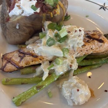 Saltgrass Steak House - Salmon Oscar with loaded baked potatoes - Steakhouses Near Me - New Caney, Texas Saltgrass Steak House - Salmon Oscar with loaded baked potatoes - Steakhouses Near Me - New Caney, Texas
