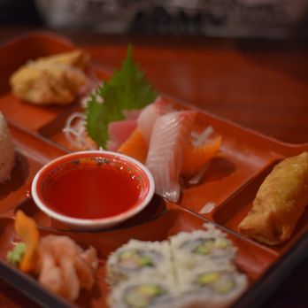 Wasabi - Bento box  Rice, Cali roll, sashimi, crab and spring roll.  IG: @hungrytravelingmama - Japanese Near Me - Georgetown, Texas