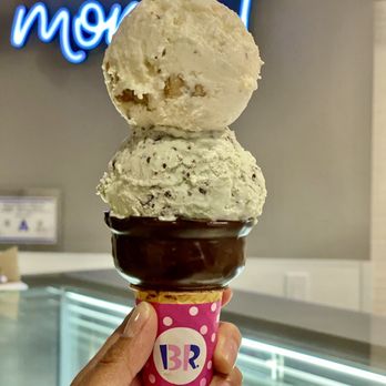 Baskin Robbins - Nutty Coconut + Mint Chocolate Chip in a chocolate dipped wafer cone. Excellent!! - Custom Cakes Near Me - Las Vegas, Nevada