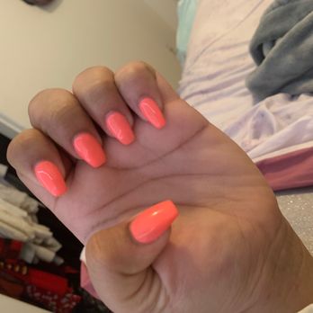 N’Joy Nails - Coral Reef Colored Gel Acrylics W short coffin shape - Nail Salons Near Me - Chandler, Arizona N’Joy Nails - Coral Reef Colored Gel Acrylics W short coffin shape - Nail Salons Near Me - Chandler, Arizona
