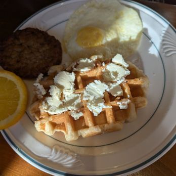 Thunderbird Restaurant - Belgian waffle with butter, sausage and egg - American Near Me - Mt. Carmel Junction, Utah