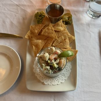 Copley's - CHILLED LOBSTER & SHRIMP CEVICHE : Guacamole, Red Salsa, House Pickled Jalapeno, Crispy Corn Chips - New American Near Me - Palm Springs, California