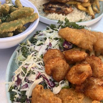 California Fish Grill - Shrimp trip, Parmesan green beans and battered fish and shrimp. - Seafood Near Me - Upland, California California Fish Grill - Shrimp trip, Parmesan green beans and battered fish and shrimp. - Seafood Near Me - Upland, California
