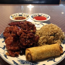Szechuan Empire - General Tso's Chicken, chicken fried rice and a spring roll.