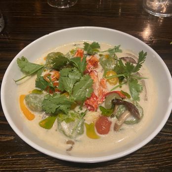 Maypop Restaurant - Lobster Tom Kha with Scallion Malfatti Dumplings - New American Near Me - New Orleans, Louisiana Maypop Restaurant - Lobster Tom Kha with Scallion Malfatti Dumplings - New American Near Me - New Orleans, Louisiana