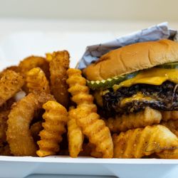 Oklahoma Burgers - Oklahoma Double ($13.00), Crinkle Cut Fries ($5.50), Onion Rings ($6.50)