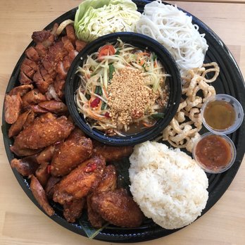 Bhan Mae Vane - BMV platter with Lao sausage, spicy wings, and Crispy Pork Belly - Thai Near Me - Alameda, California Bhan Mae Vane - BMV platter with Lao sausage, spicy wings, and Crispy Pork Belly - Thai Near Me - Alameda, California