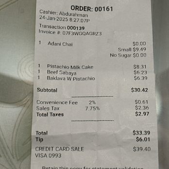 Sana'a Cafe - 01/24/2025 receipt - Coffee & Tea Near Me - Lake Forest, California Sana'a Cafe - 01/24/2025 receipt - Coffee & Tea Near Me - Lake Forest, California