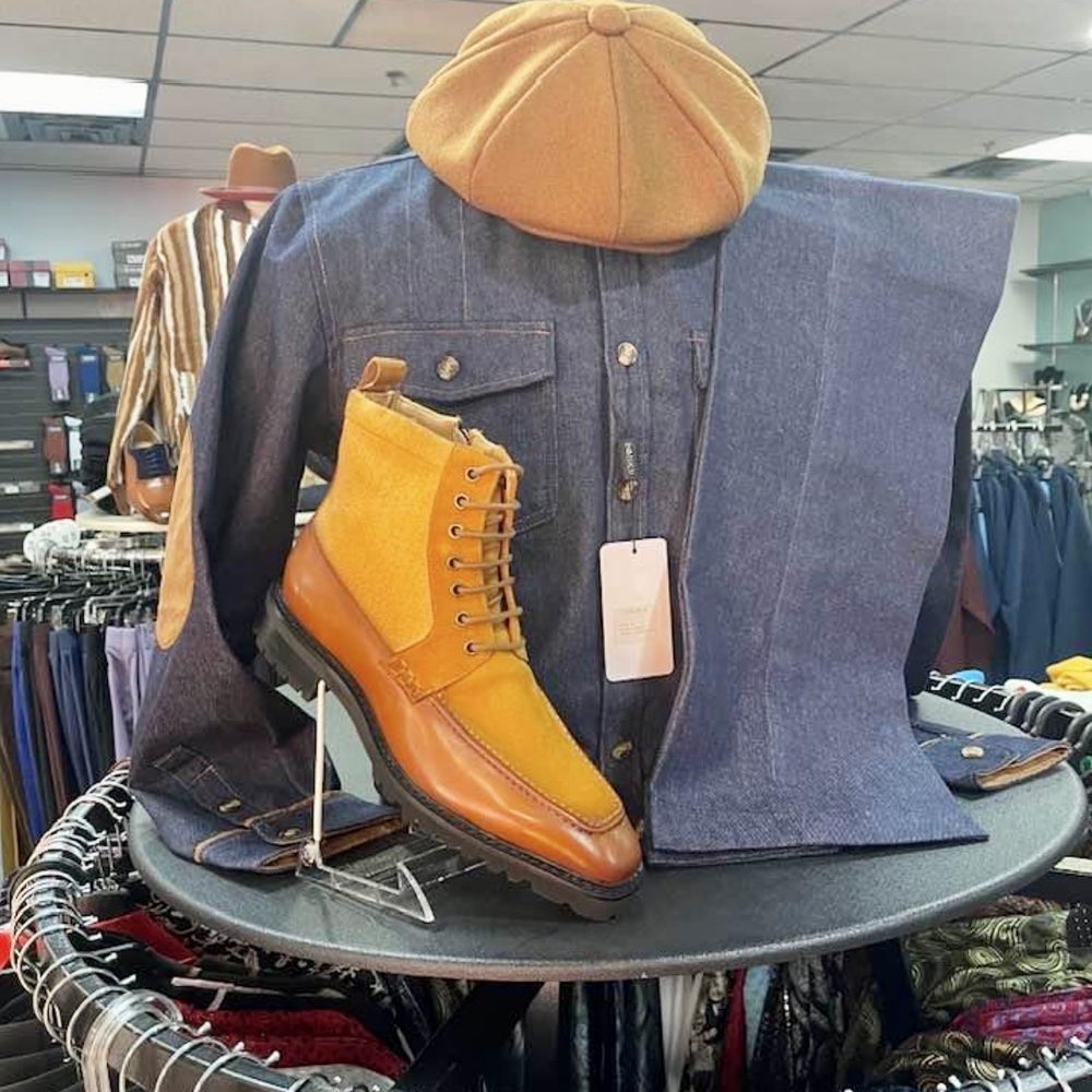 Top 2 Bottom Fashions - Blue jean suit and mustard color boots with tan apple hat. - Men's Clothing Near Me - Brooklyn Park, Minnesota