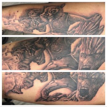 Primal Tattoo - Rocket Raccoon with a (have to name my gun) Space Gun with a Nirvana Muscle Shirt on top of Groot - Tattoo Near Me - Carrollton, Virginia