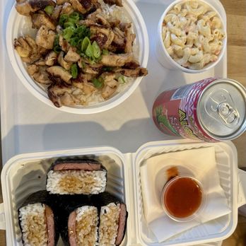 HoAloha Hawaiian BBQ - BBQ Chicken rice bowl, side of macaroni salad, 1 order of spam masubi, guava drink, and all the sauces mixed together - Barbeque Near Me - Chino, California