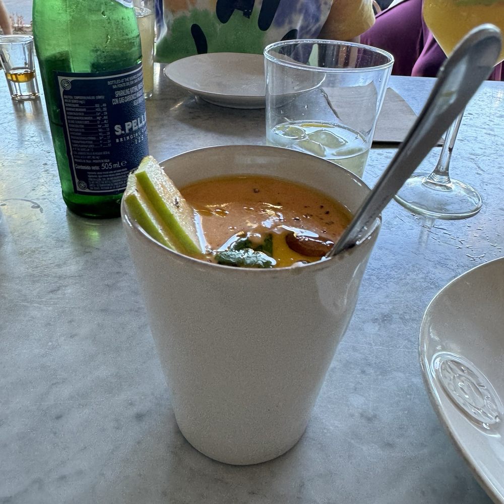 Gazpacho (with an egg, apple slices and cashews in it).
