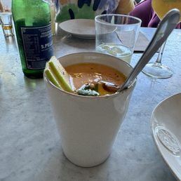 Gazpacho (with an egg, apple slices and cashews in it).