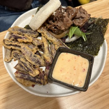 Kyuramen - Union Square - Teriyaki Rice burger and purple yam fries -- yum! - Ramen Near Me - New York, New York Kyuramen - Union Square - Teriyaki Rice burger and purple yam fries -- yum! - Ramen Near Me - New York, New York