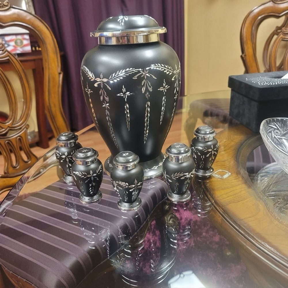 Hemphill Mortuary - Urn with matching keepsakes - Mortuary Services Near Me - San Bernardino, California Hemphill Mortuary - Urn with matching keepsakes - Mortuary Services Near Me - San Bernardino, California