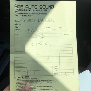Ace Tint & Sound - my receipt! $90 flat - use the groupon! - Car Stereo Installation Near Me - Paramount, California