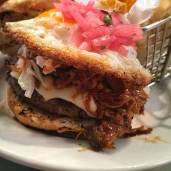 Mel's at 22 - Side view of the southern inspired burger. - Bars Near Me - Cooperstown, New York
