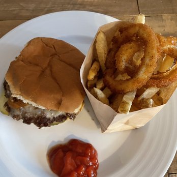Burger Lounge - Paid extra for 50/50 onion rings and fries but got TWO onion rings thrown on top of stale fries. - Burgers Near Me - Campbell, California