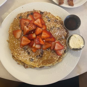 Immigrant Son Caffe - chocolate chip pancakes w strawberries - New American Near Me - Ventura, California